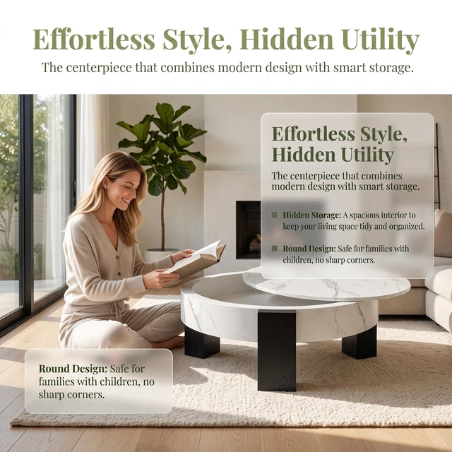 Alt view image 7 of 7 - 33 Inch Round Storage Coffee Table, Marble Grain Coffee Table with Removable Lid Hidden Storage Center with Wood Legs