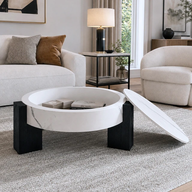 Alt view image 5 of 7 - 33 Inch Round Storage Coffee Table, Marble Grain Coffee Table with Removable Lid Hidden Storage Center with Wood Legs