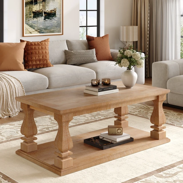 Alt view image 3 of 7 - Rectangular Weathered Coffee Table, Solid Plank Top Coffee Table with Baluster Legs Distressed with Lower Storage Shelf