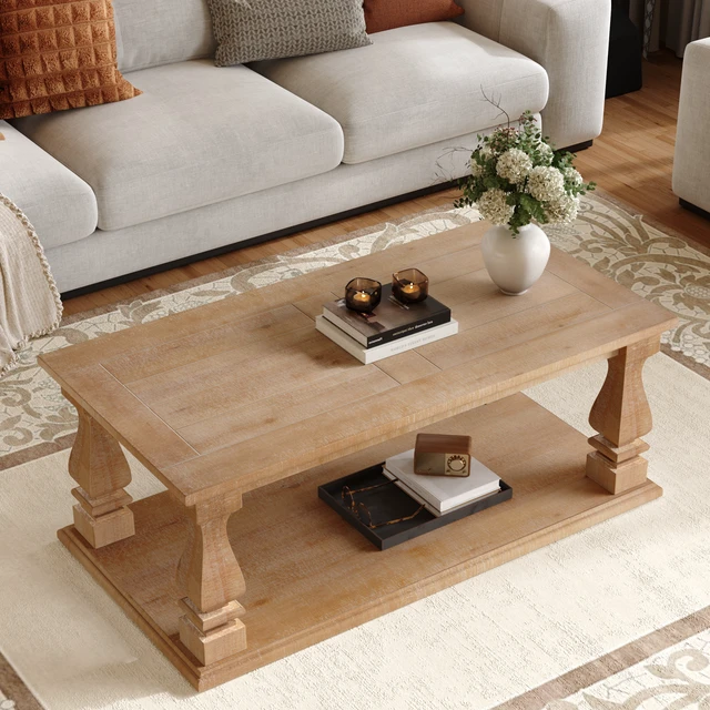 Alt view image 2 of 7 - Rectangular Weathered Coffee Table, Solid Plank Top Coffee Table with Baluster Legs Distressed with Lower Storage Shelf