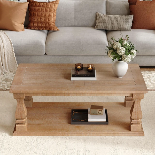 Main image of Rectangular Weathered Coffee Table, Solid Plank Top Coffee Table with Baluster Legs Distressed with Lower Storage Shelf