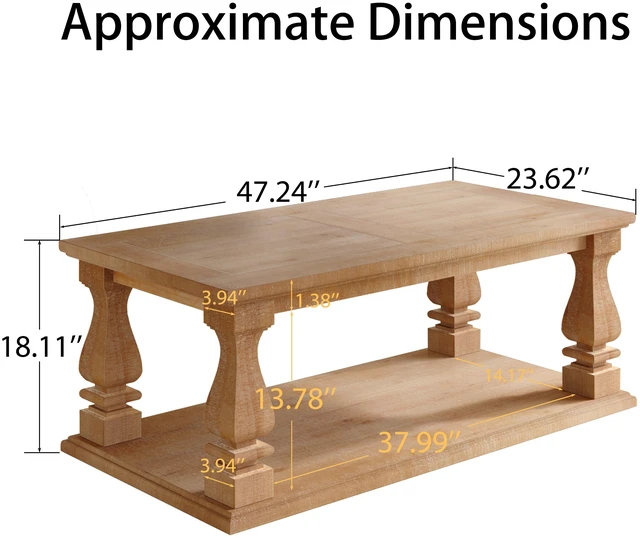 Alt view image 6 of 7 - Rectangular Weathered Coffee Table, Solid Plank Top Coffee Table with Baluster Legs Distressed with Lower Storage Shelf