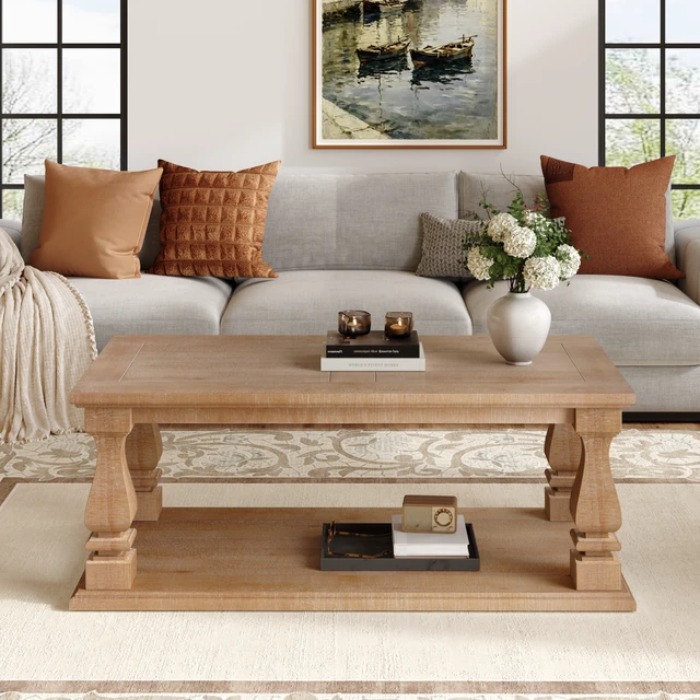 Alt view image 4 of 7 - Rectangular Weathered Coffee Table, Solid Plank Top Coffee Table with Baluster Legs Distressed with Lower Storage Shelf