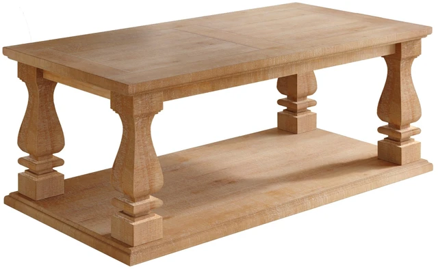Alt view image 7 of 7 - Rectangular Weathered Coffee Table, Solid Plank Top Coffee Table with Baluster Legs Distressed with Lower Storage Shelf