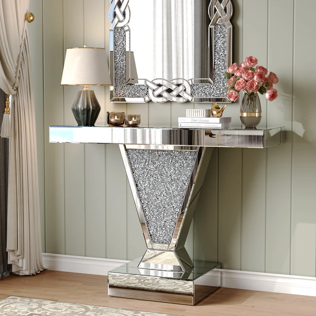 Alt view image 3 of 7 - Crushed Diamond Mirrored Console Table, Reflective Glass Entryway Sofa Table Shaped Crystal Inlay Rectangular Accent