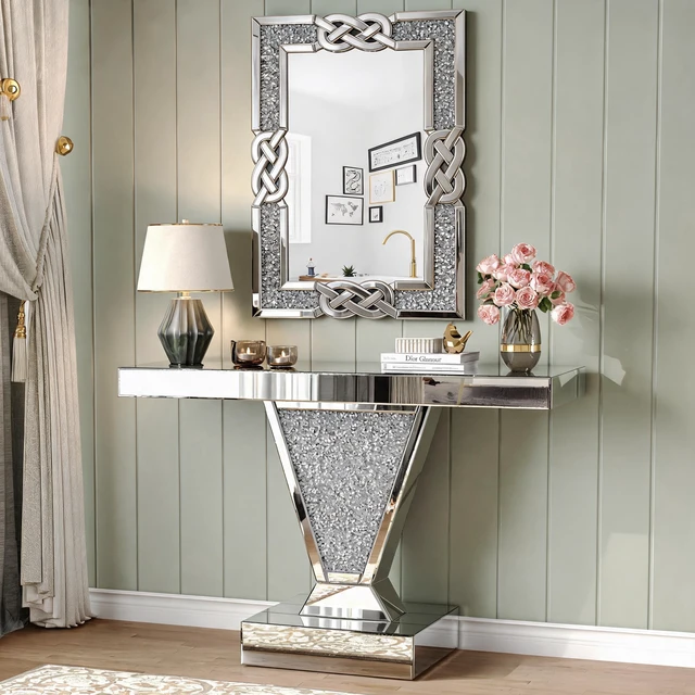 Alt view image 2 of 7 - Crushed Diamond Mirrored Console Table, Reflective Glass Entryway Sofa Table Shaped Crystal Inlay Rectangular Accent