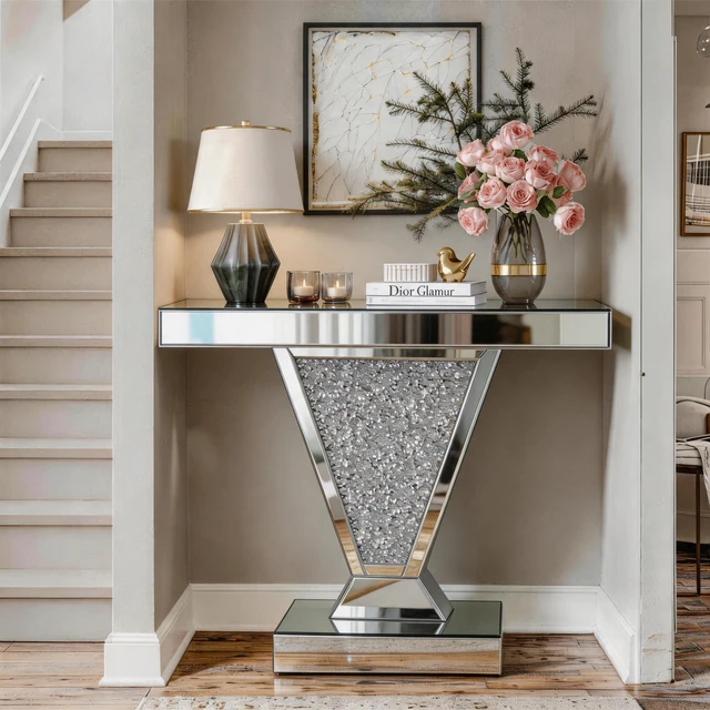 Alt view image 4 of 7 - Crushed Diamond Mirrored Console Table, Reflective Glass Entryway Sofa Table Shaped Crystal Inlay Rectangular Accent