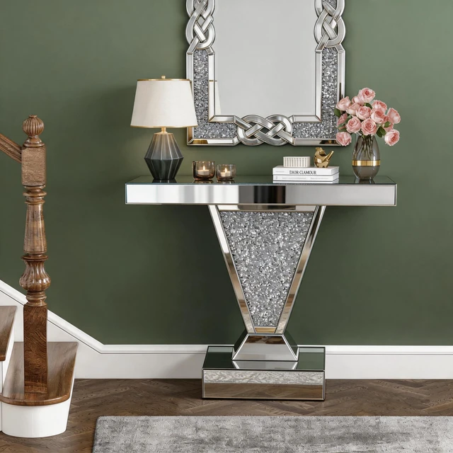 Main image of Crushed Diamond Mirrored Console Table, Reflective Glass Entryway Sofa Table Shaped Crystal Inlay Rectangular Accent