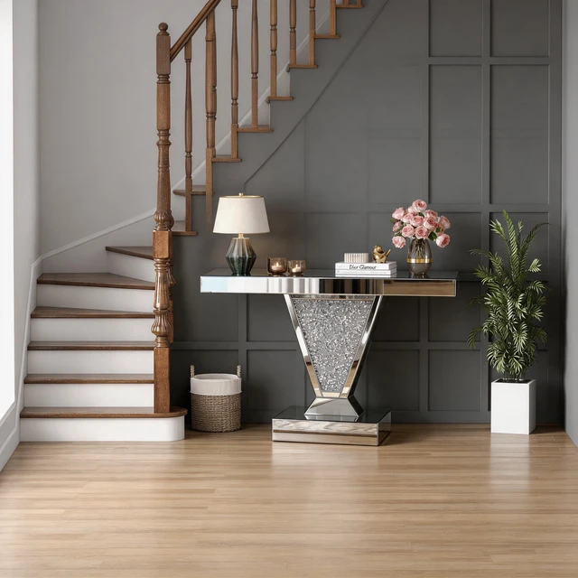 Alt view image 6 of 7 - Crushed Diamond Mirrored Console Table, Reflective Glass Entryway Sofa Table Shaped Crystal Inlay Rectangular Accent