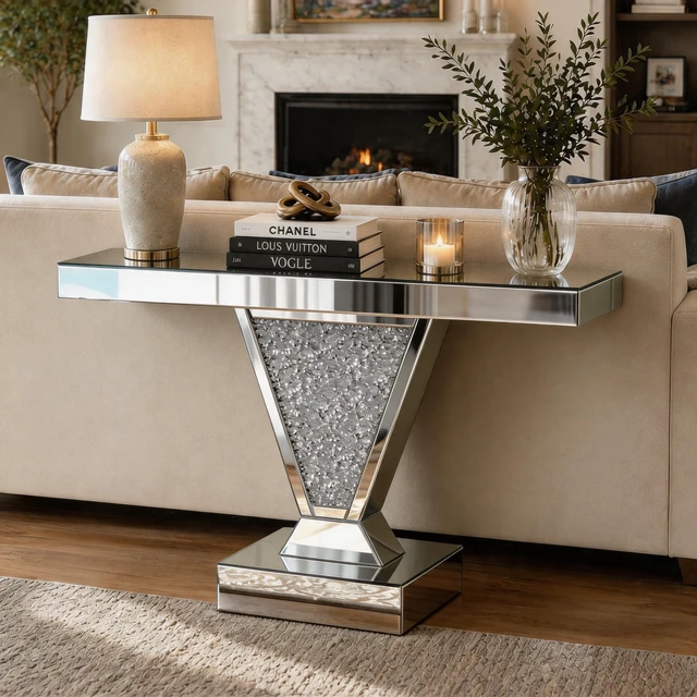 Alt view image 5 of 7 - Crushed Diamond Mirrored Console Table, Reflective Glass Entryway Sofa Table Shaped Crystal Inlay Rectangular Accent