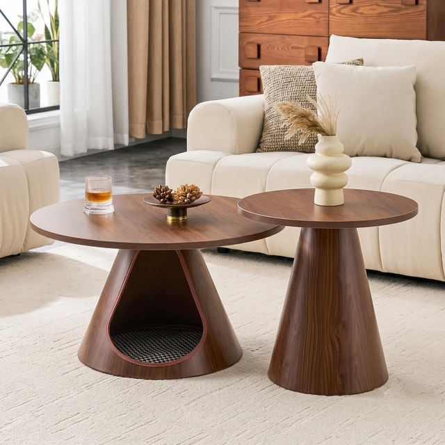 Alt view image 2 of 7 - Nesting Coffee Table Set, Round Side Tables with Integrated Cat Cave Bed End with Melamine Wood Grain Top and Carbon