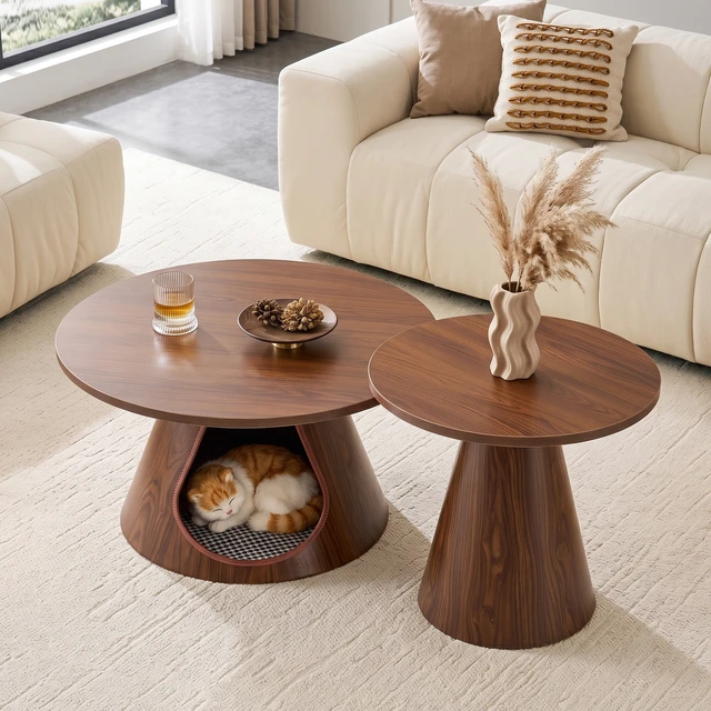 Alt view image 3 of 7 - Nesting Coffee Table Set, Round Side Tables with Integrated Cat Cave Bed End with Melamine Wood Grain Top and Carbon
