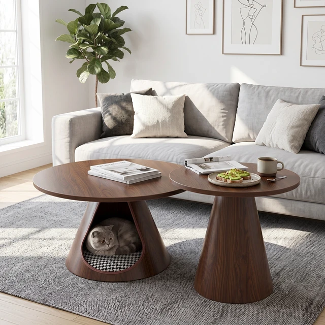 Alt view image 4 of 7 - Nesting Coffee Table Set, Round Side Tables with Integrated Cat Cave Bed End with Melamine Wood Grain Top and Carbon