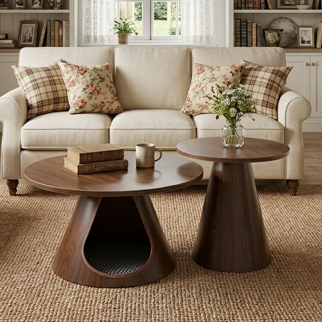 Alt view image 5 of 7 - Nesting Coffee Table Set, Round Side Tables with Integrated Cat Cave Bed End with Melamine Wood Grain Top and Carbon
