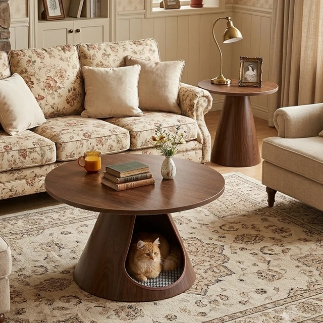 Alt view image 6 of 7 - Nesting Coffee Table Set, Round Side Tables with Integrated Cat Cave Bed End with Melamine Wood Grain Top and Carbon