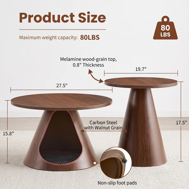 Alt view image 7 of 7 - Nesting Coffee Table Set, Round Side Tables with Integrated Cat Cave Bed End with Melamine Wood Grain Top and Carbon