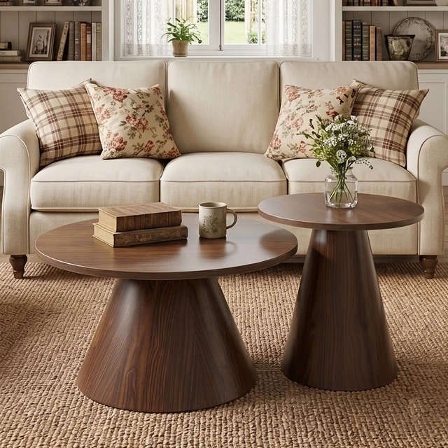 Alt view image 4 of 7 - Round Nesting Coffee Table Set, Side Tables with Water Resistant Top and Heat Transfer Steel Pedestal Base Adjustable