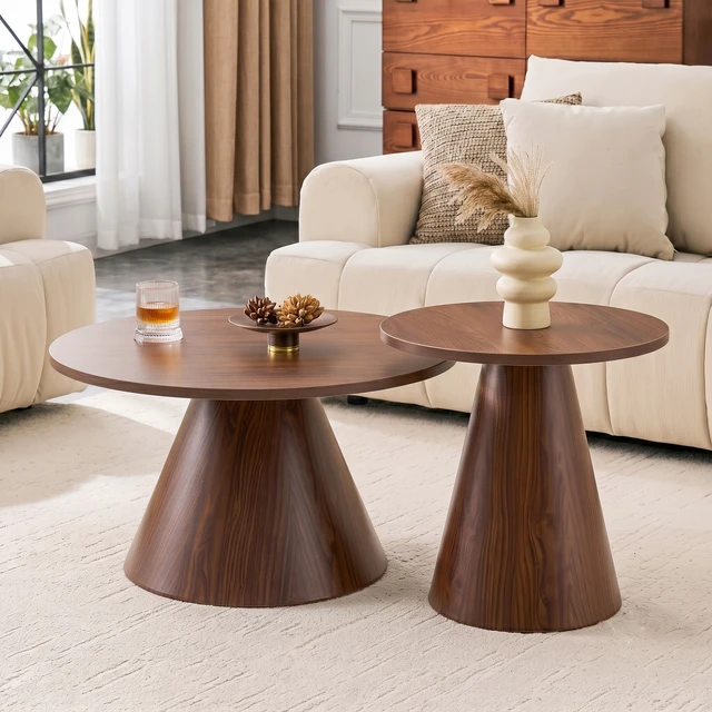 Alt view image 2 of 7 - Round Nesting Coffee Table Set, Side Tables with Water Resistant Top and Heat Transfer Steel Pedestal Base Adjustable