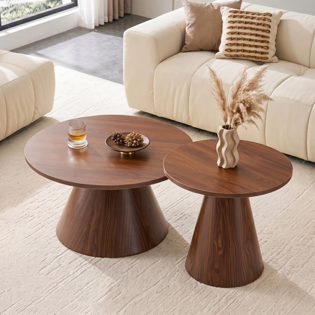 Alt view image 3 of 7 - Round Nesting Coffee Table Set, Side Tables with Water Resistant Top and Heat Transfer Steel Pedestal Base Adjustable