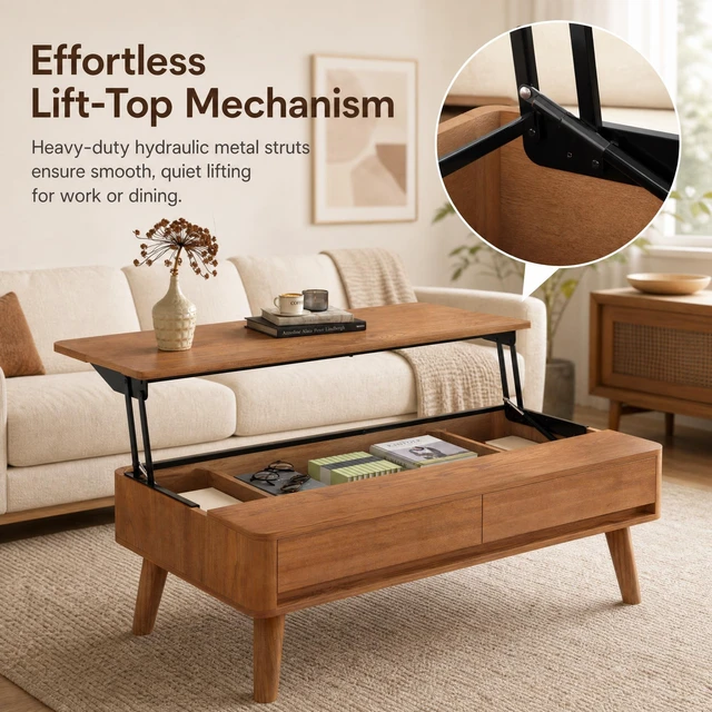 Alt view image 4 of 7 - Hydraulic Lift Top Coffee Table, 39.37 Inch Mid-Century Coffee Table with 2 Drawers and Internal Storage Compartments