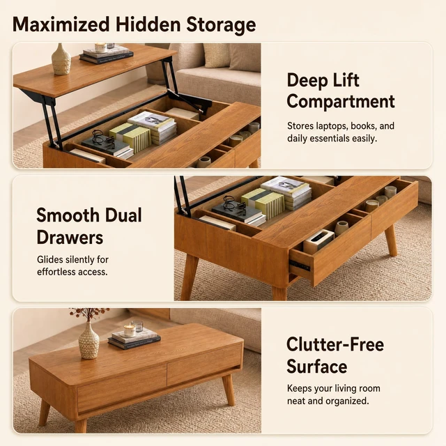 Alt view image 5 of 7 - Hydraulic Lift Top Coffee Table, 39.37 Inch Mid-Century Coffee Table with 2 Drawers and Internal Storage Compartments