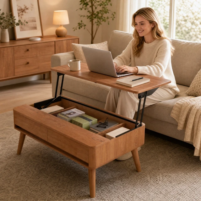 Alt view image 2 of 7 - Hydraulic Lift Top Coffee Table, 39.37 Inch Mid-Century Coffee Table with 2 Drawers and Internal Storage Compartments