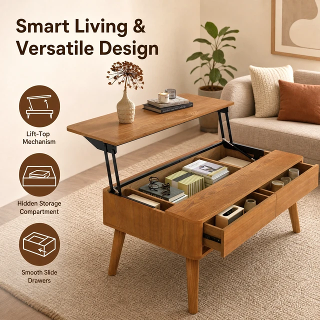 Alt view image 7 of 7 - Hydraulic Lift Top Coffee Table, 39.37 Inch Mid-Century Coffee Table with 2 Drawers and Internal Storage Compartments