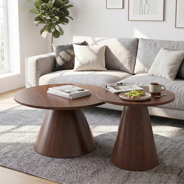 Alt view image 6 of 7 - Round Nesting Coffee Table Set, Side Tables with Water Resistant Top and Heat Transfer Steel Pedestal Base Adjustable