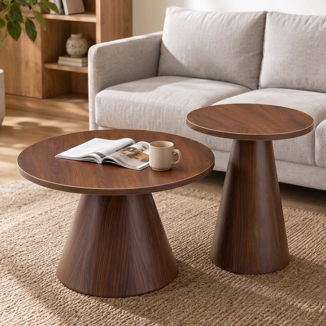 Alt view image 7 of 7 - Round Nesting Coffee Table Set, Side Tables with Water Resistant Top and Heat Transfer Steel Pedestal Base Adjustable