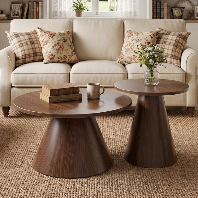 Alt view image 5 of 7 - Round Nesting Coffee Table Set, Side Tables with Water Resistant Top and Heat Transfer Steel Pedestal Base Adjustable