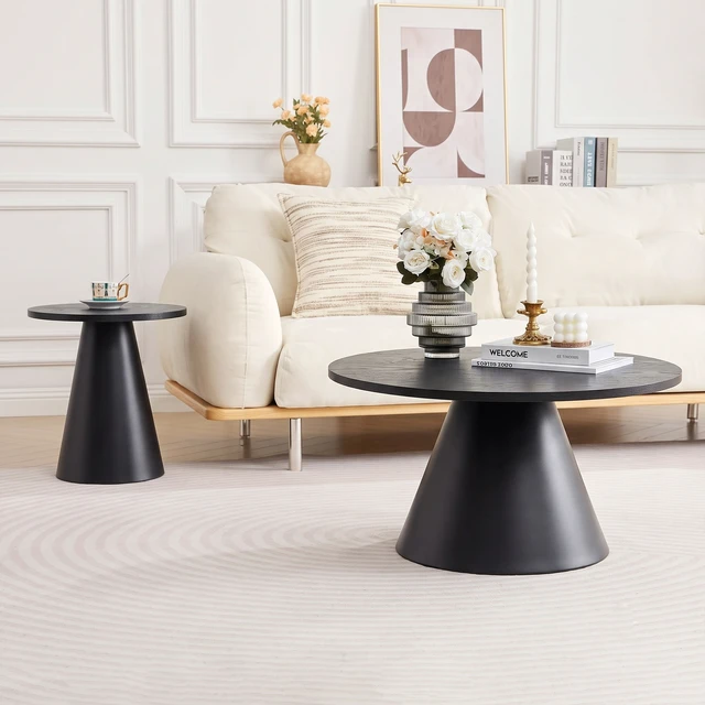 Alt view image 6 of 7 - Round Nesting Coffee Table Set, All Side Tables with Wood Grain Top and Carbon Steel Pedestal Base Adjustable Foot Pads