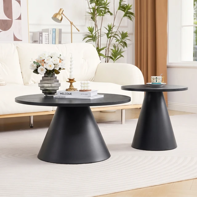 Alt view image 4 of 7 - Round Nesting Coffee Table Set, All Side Tables with Wood Grain Top and Carbon Steel Pedestal Base Adjustable Foot Pads