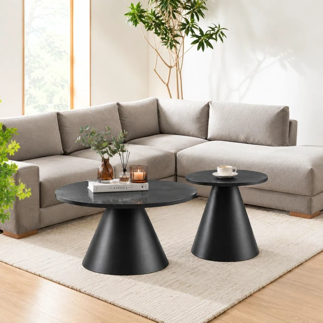 Main image of Round Nesting Coffee Table Set, All Side Tables with Wood Grain Top and Carbon Steel Pedestal Base Adjustable Foot Pads