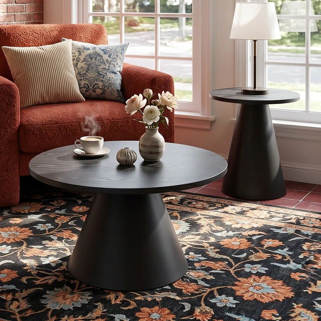 Alt view image 7 of 7 - Round Nesting Coffee Table Set, All Side Tables with Wood Grain Top and Carbon Steel Pedestal Base Adjustable Foot Pads