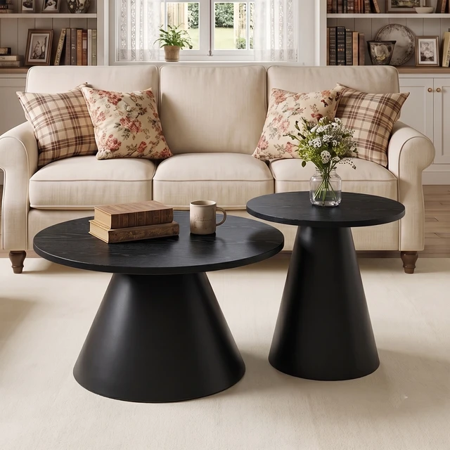 Alt view image 3 of 7 - Round Nesting Coffee Table Set, All Side Tables with Wood Grain Top and Carbon Steel Pedestal Base Adjustable Foot Pads