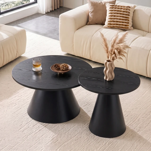 Alt view image 5 of 7 - Round Nesting Coffee Table Set, All Side Tables with Wood Grain Top and Carbon Steel Pedestal Base Adjustable Foot Pads