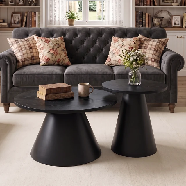 Alt view image 2 of 7 - Round Nesting Coffee Table Set, All Side Tables with Wood Grain Top and Carbon Steel Pedestal Base Adjustable Foot Pads
