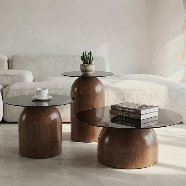 Alt view image 4 of 7 - Nesting Coffee Table Set, Glass Desktop for Living Space Saving Circle Center Table for Saving Space for Living
