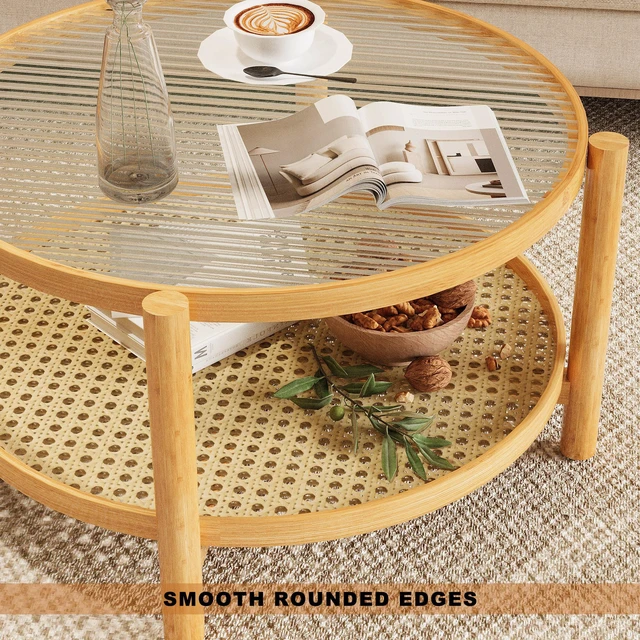 Alt view image 2 of 5 - Rattan Coffee Table, 2 Tier Bamboo Coffee Table with Glass Top and PVC Rattan Storage Shelf Round for Living, Natural