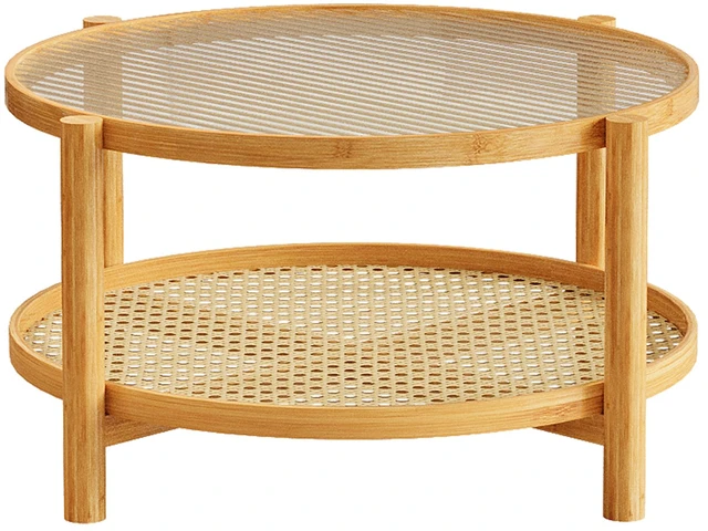 Alt view image 3 of 5 - Rattan Coffee Table, 2 Tier Bamboo Coffee Table with Glass Top and PVC Rattan Storage Shelf Round for Living, Natural