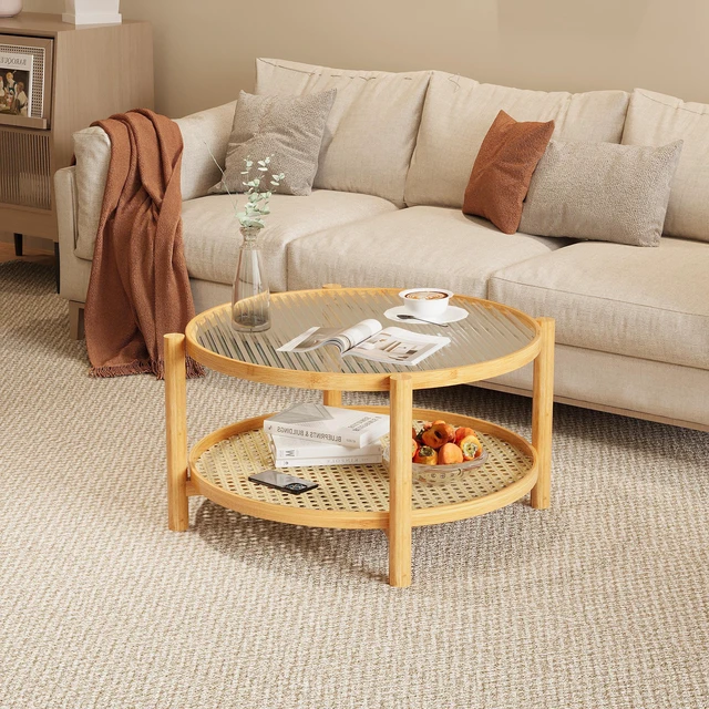 Alt view image 4 of 5 - Rattan Coffee Table, 2 Tier Bamboo Coffee Table with Glass Top and PVC Rattan Storage Shelf Round for Living, Natural
