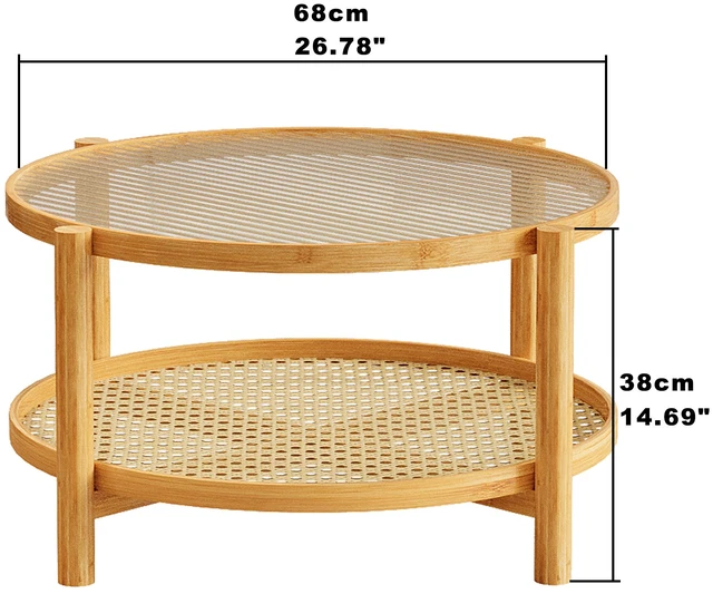 Alt view image 5 of 5 - Rattan Coffee Table, 2 Tier Bamboo Coffee Table with Glass Top and PVC Rattan Storage Shelf Round for Living, Natural