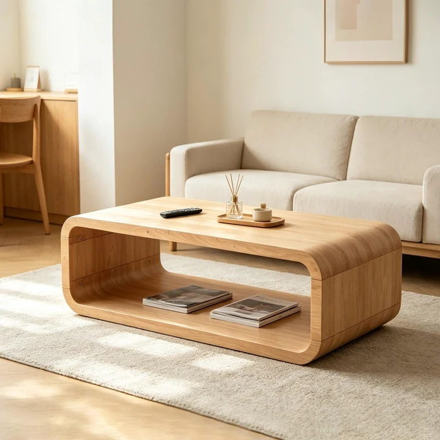 Main image of Rounded Curved Solid Wood Coffee Table, Open Frame Coffee Table with 2 Tier Open Storage Low Profile Rectangular Accent