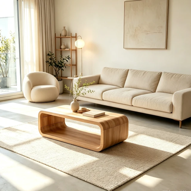 Alt view image 2 of 7 - Rounded Curved Solid Wood Coffee Table, Open Frame Coffee Table with 2 Tier Open Storage Low Profile Rectangular Accent