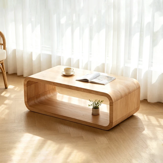 Alt view image 3 of 7 - Rounded Curved Solid Wood Coffee Table, Open Frame Coffee Table with 2 Tier Open Storage Low Profile Rectangular Accent