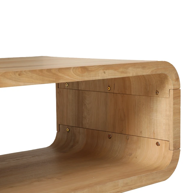 Alt view image 7 of 7 - Rounded Curved Solid Wood Coffee Table, Open Frame Coffee Table with 2 Tier Open Storage Low Profile Rectangular Accent
