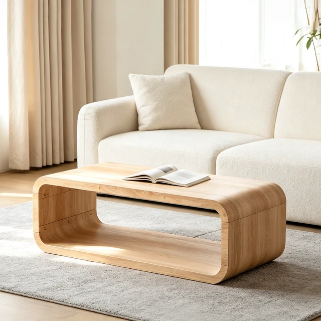 Alt view image 5 of 7 - Rounded Curved Solid Wood Coffee Table, Open Frame Coffee Table with 2 Tier Open Storage Low Profile Rectangular Accent