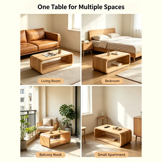 Alt view image 6 of 7 - Rounded Curved Solid Wood Coffee Table, Open Frame Coffee Table with 2 Tier Open Storage Low Profile Rectangular Accent