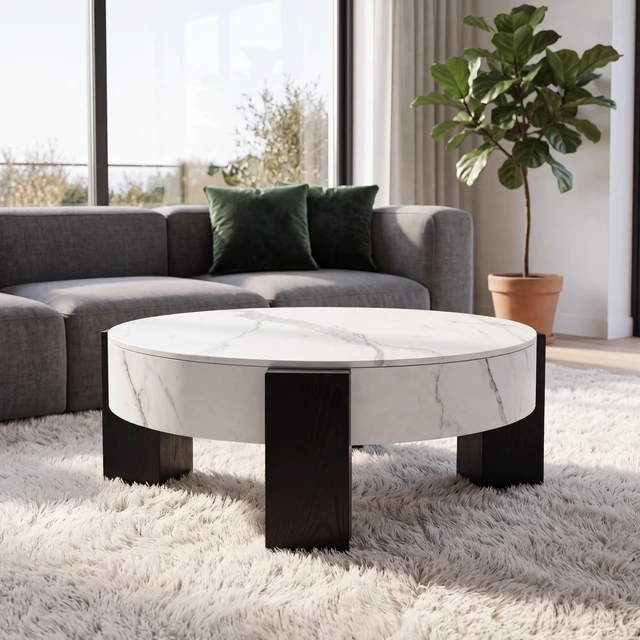Alt view image 6 of 7 - 33 Inch Round Storage Coffee Table, Marble Grain Coffee Table with Removable Lid Hidden Storage Center with Wood Legs