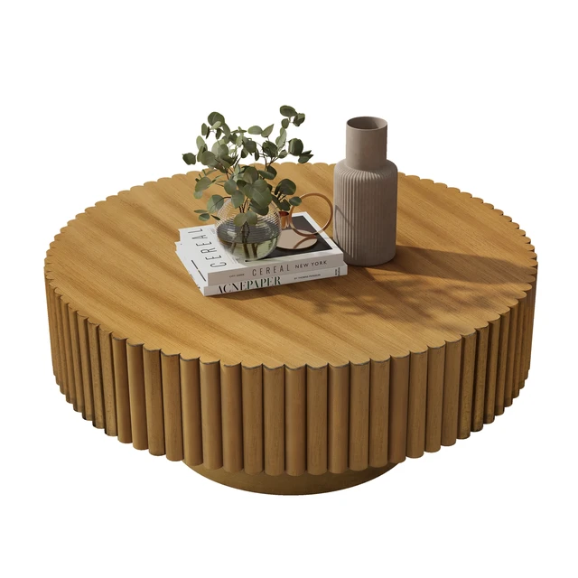 Alt view image 5 of 7 - 31.5 Inch Round Wood Coffee Table, Fluted Drum Tea Table Retro Circle Center for Living, Natural, Pine